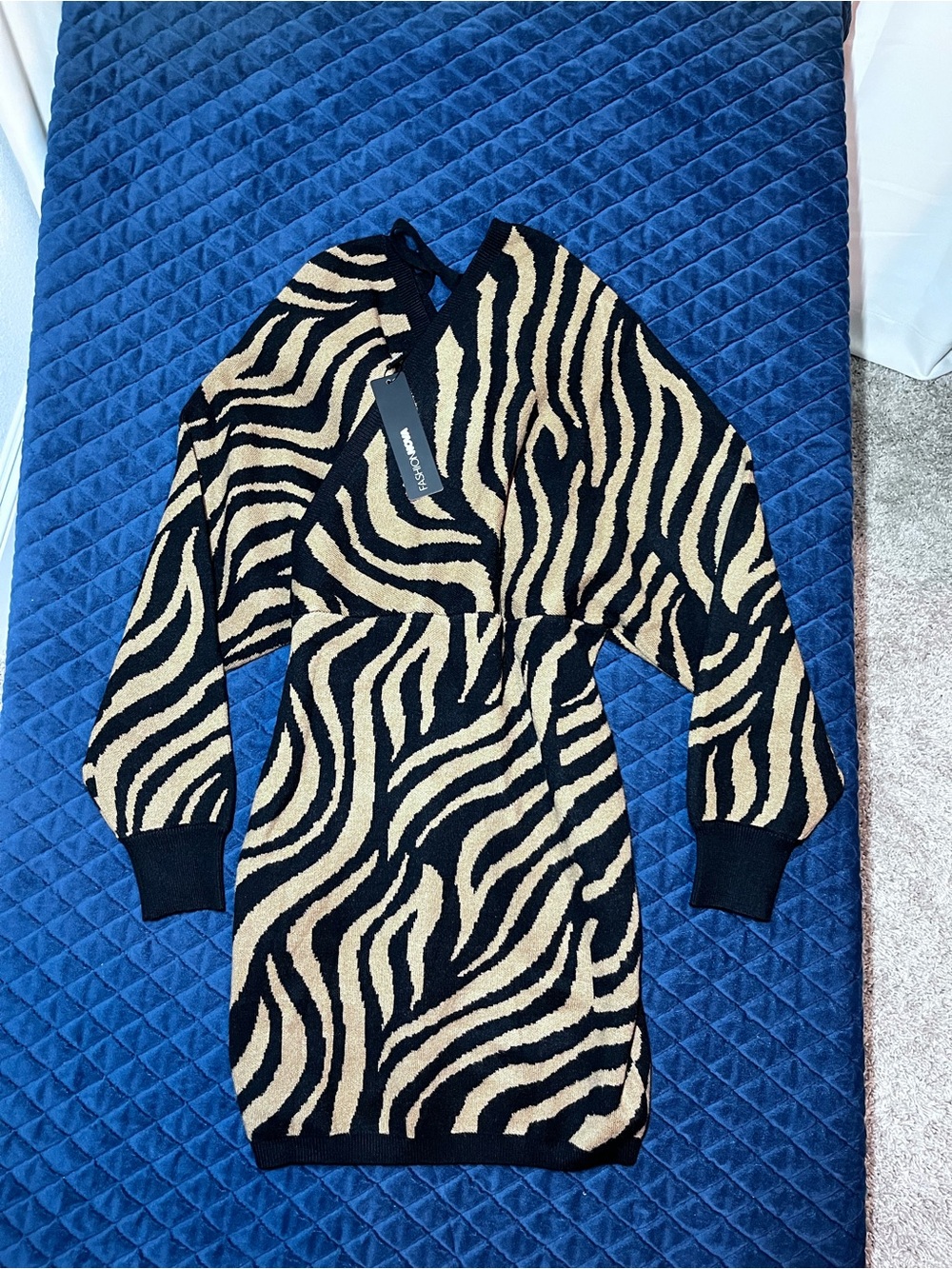 Fashion Nova Black & Beige Zebra V-Neck Sweater Dress - Free to Roam